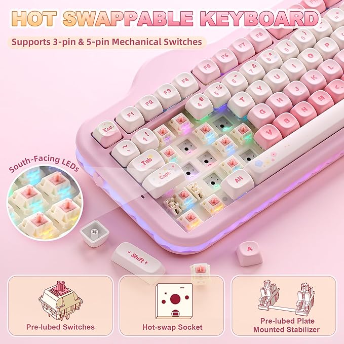 YUNZII C98 Wireless Mechanical Keyboard with Number Pad,99 Key BT5.0/2.4G/USB-C Hot Swap Gasket Mount with PBT MOA Keycaps,Custom RGB,Cute Cake Keyboard for Win/Mac (Pink, Candy Linear Switch)
