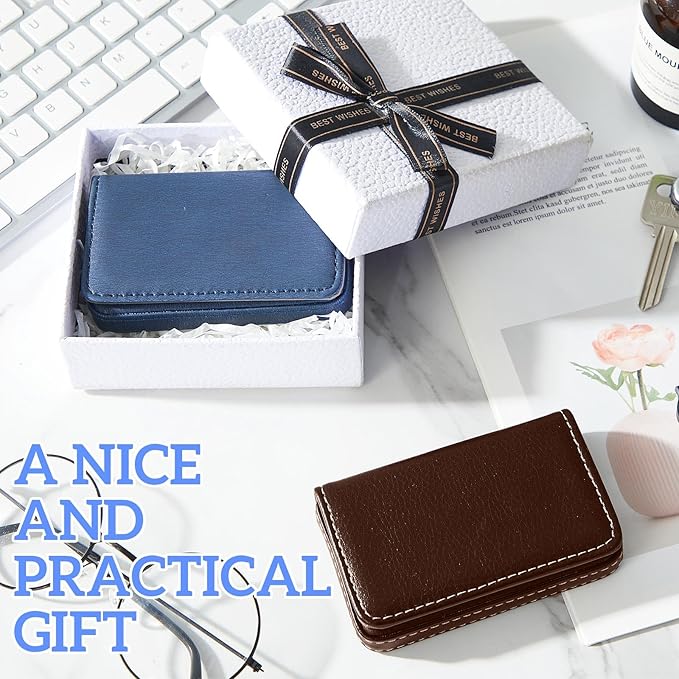 Outus 2 Pcs Business Card Holder, PU Leather Business Card Case Pocket Wallet with Magnetic Shut for Valentines Gift Adult(Coffee, Blue)