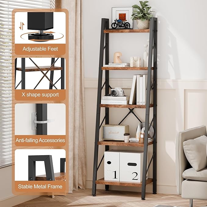 Shintenchi 5 Tier Ladder Shelf, Freestanding Corner Storage Shelves with Adjustable Feet and Anti-Falling Kit, Industrial Bookcase for Living Room, Bedroom, and Home Office, Rustic Brown