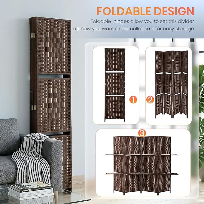 FDW 4 Panel Wood Room Divider - Foldable & Flexible Freestanding Screen, Easy Storage Partition Wall for Home Living Room, Rustic Brown