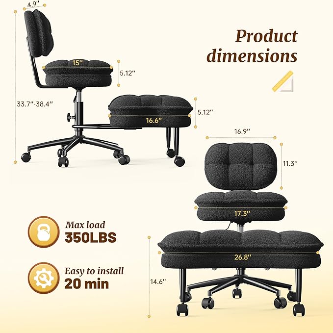DurayLoly Criss Cross Chair, Ergonomic Office Chair with Wheels & Backrest, Cross Legged Office Chair with Foot Rest for ADHD, Height Adjustable, Thicken Cushion, Teddy Fabric, Black