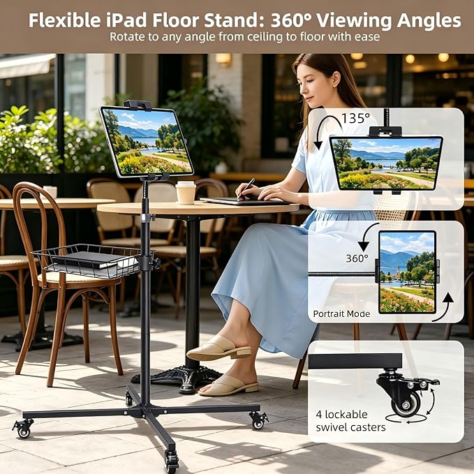 wishacc Rolling Tablet Floor Stand with Industrial Wheels & Storage Basket, Adjustable Height Gooseneck Tablet Stand Floor Holder for iPad Pro 12.9, Air, Mini, Cell Phones (Medium)