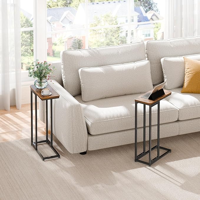 Simple Trending C Shaped Side Table, End Table Set of 2, Sofa Couch Table TV Tray for Living Room, Small Space, Rustic Brown