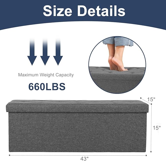 DUMOS 43in Storage Ottoman Bench, Storage Chest, End of Bed Foot Rest Stool with Padded Seat, Bedroom Bench for Living Room, Support 660lbs, Grey