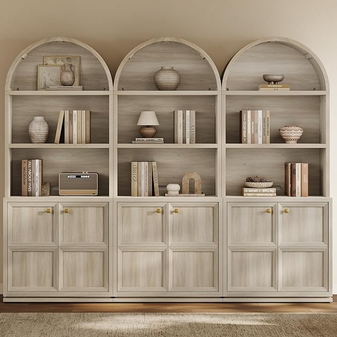 SICOTAS 81" Arched Bookcase, Large Book Shelf with Storage, Modern 5-Tier Arched Cabinet with Adjustable Shelves & Cable Management for Home Office Library Living Room Kitchen, Grey White Oak, 3 PCS
