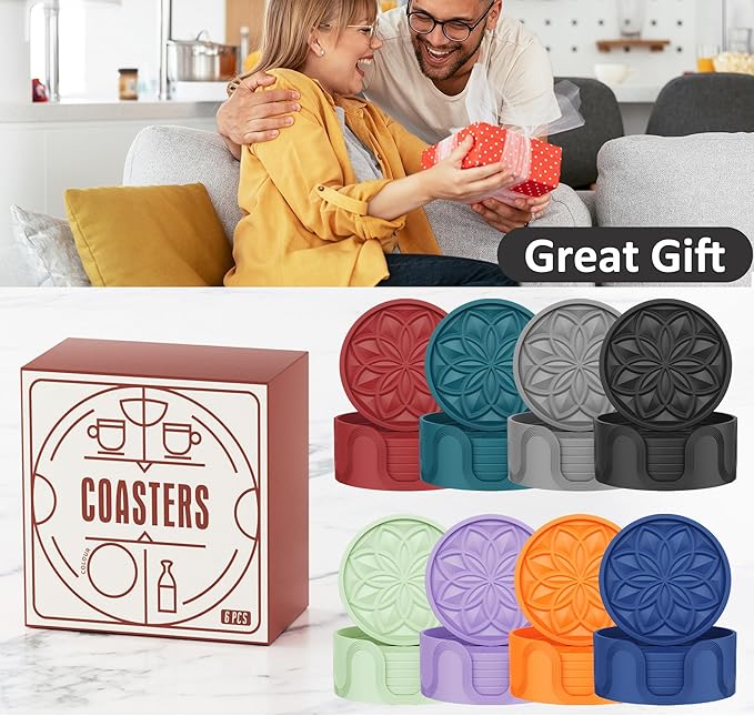 HFHOME Silicone Coasters Set for Drinks - 6 Pack With Holder, Table Cup Mat for Coffee Table, Desk, Bar - Tabletop Protection Gift - Light Purple