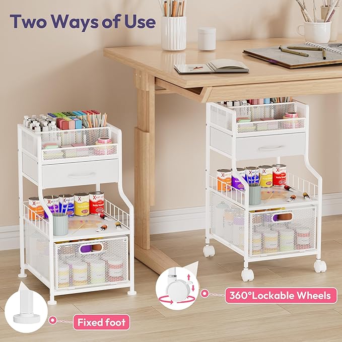 SWTYMIKI Rolling Under Desk Storage - Storage Cart with Drawers & DIY Divider - Art Cart Organizer on Wheels - Craft Rolling Utility Cart for Office, Craft Room & Studio White