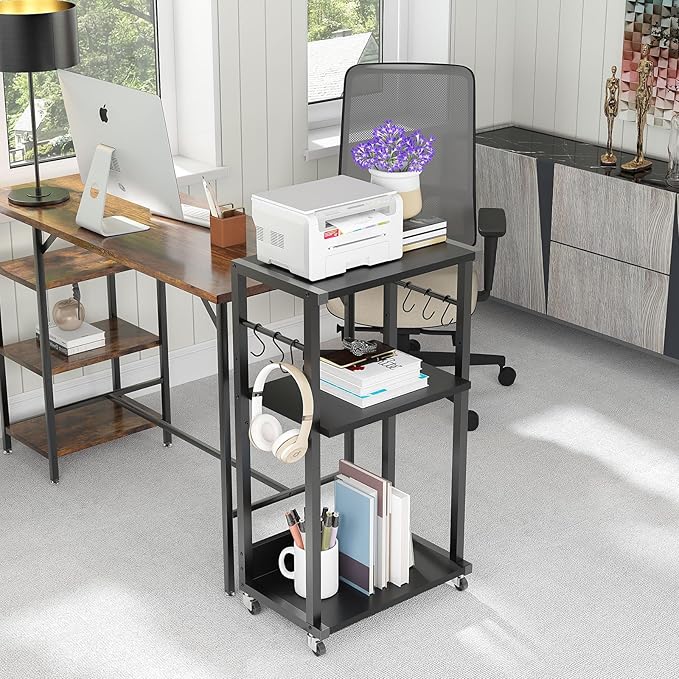 YMYNY Mobile Printer Stand, 3-Tier Printer Cart with Adjustable Storage Shelf and 6 S-Hooks, Tall Printer Table for Home Office, for Computer Tower Stand, Shredder, CPU Stand, Black, UHPT002B