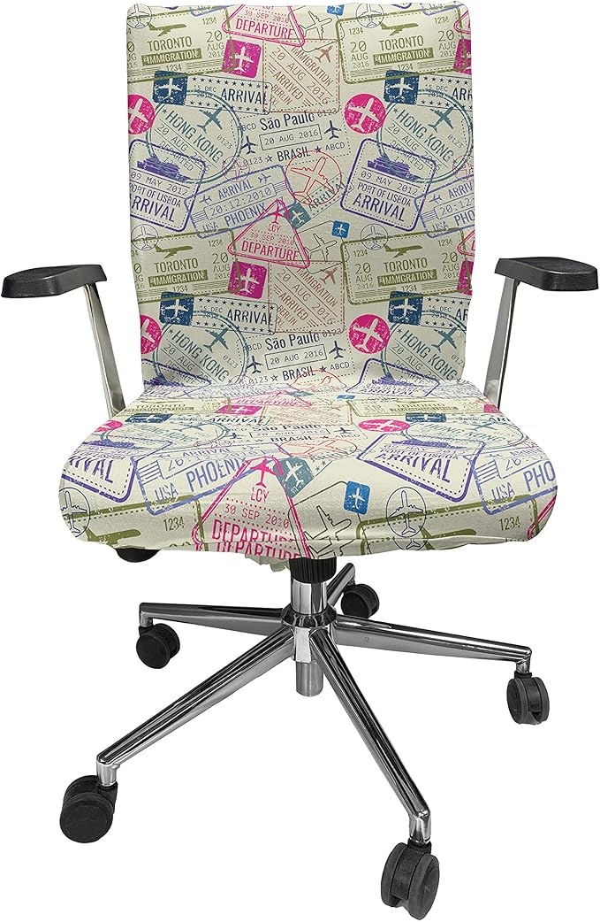 Ambesonne Travel Office Chair Cover, Passport and Visa Stamps Illustration of Toronto Hong Kong Berlin Print, Stretchable Decorative Universal Size High Back Printed Slipcover, Eggshell Pink