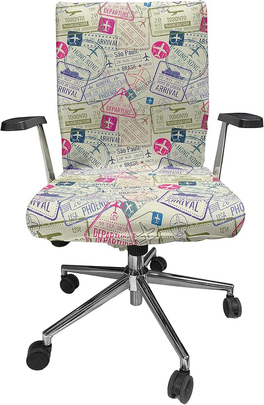 Ambesonne Travel Office Chair Cover, Passport and Visa Stamps Illustration of Toronto Hong Kong Berlin Print, Stretchable Decorative Universal Size High Back Printed Slipcover, Eggshell Pink