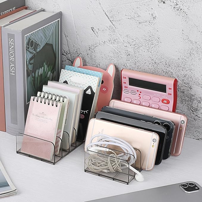 Hipiwe 2 Packs Mail Organizer Plastic Cash Tray for Desk - 7 Slots File Organizer Desktop Bill Divider Holder for Paper Envelope Document Book Money Eyeshadow Makeup Palette,Grey
