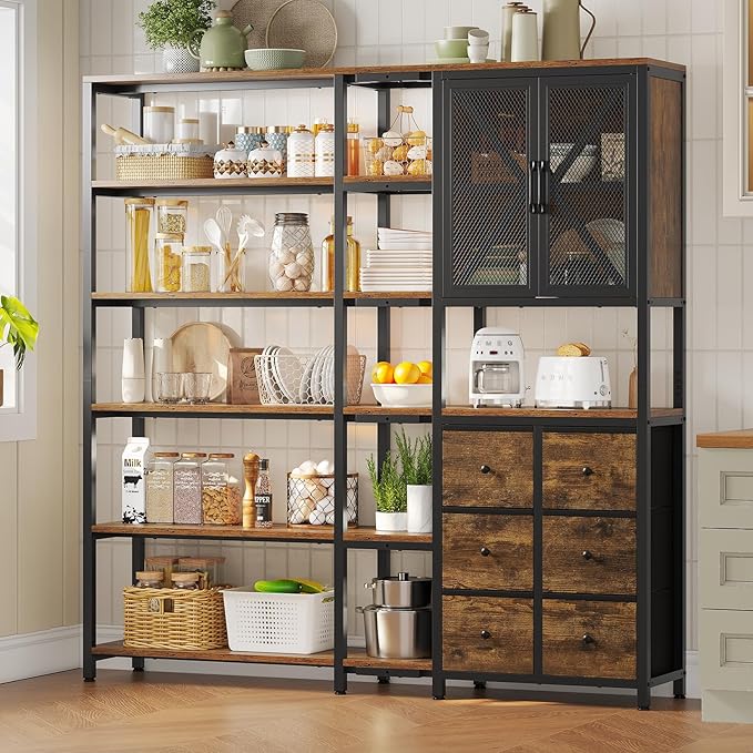HAUOMS Corner Bookshelf, 6 Tier Industrial Convertible Bookshelf with 6 Fabric Drawers, Corner Bookcase Large L Shaped Storage Display Shelf for Home Office, Living Room, Kitchen, Rustic Brown