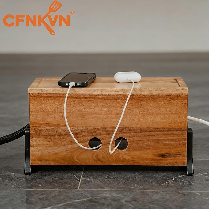 Extra Large Cable Management Box, 14.17 x 6 Inch Cord Organizer Box & Power Strip Cover - Wooden Wire Hider for Desk, Floor, Living Room, Home Office, Kids & Pets Safe