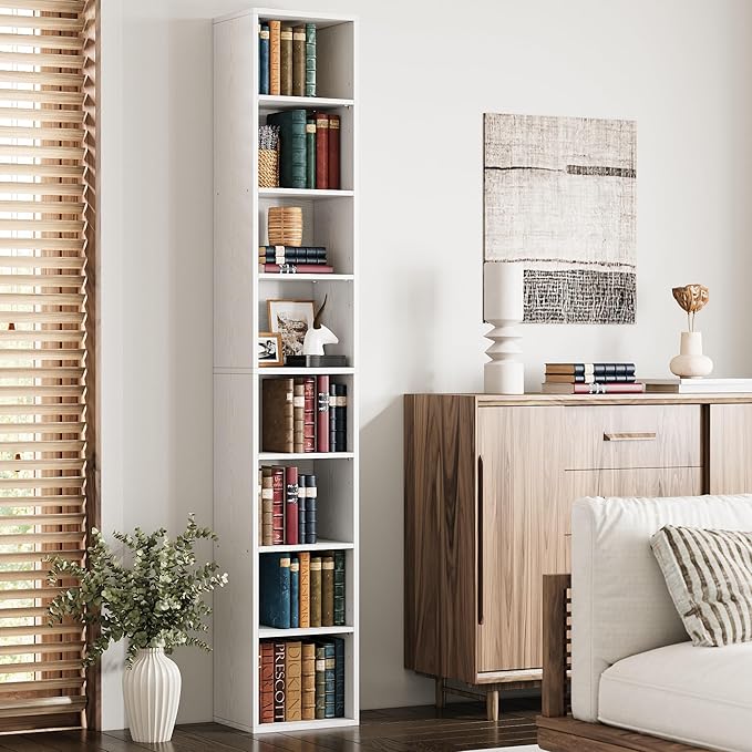 IRONCK Tall Narrow Bookshelf 8 Tiers, Compact Corner Bookcase, Floor Standing Display Storage Shelves 71 in Tall, Easy to Match for Living Room, Office, Study, Bedroom