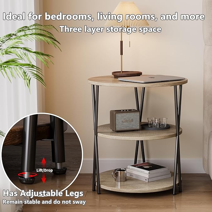 23 Inch Round Side Table 3-Tier End Table Living Room Small Patio Table Nightstands Round Coffee Table Spacious Top for Couch Bedroom 3 Storage Shelves Accent Coffee Table, Caramel Gray