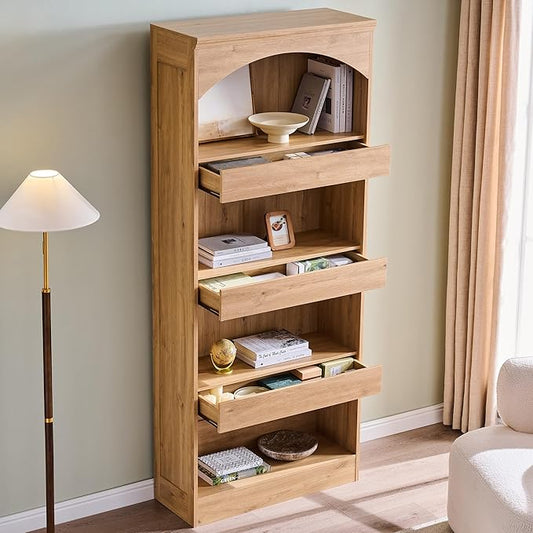 IFGET 76" Tall Arched Bookcase with 1PC Magnetic Lock Drawer, Modern Wooden Arch Bookshelf w/3 Pull-Out Drawers, Farmhouse 4 Tiers Book Shelf w/Open Shelves for Living Room, Office (Natural)