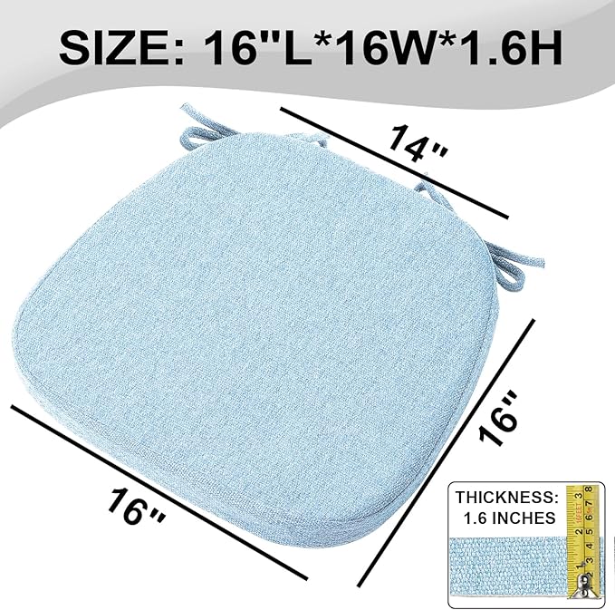 SINOSSO 6 Pack Memory Foam Chair Cushions for Dining Chairs, Friendly Woven Fabric 16" U-Shape Comfortable Kitchen Chair Pads, Removable Slip Resistant Seat Cushions (Set of 6, Water Blue)