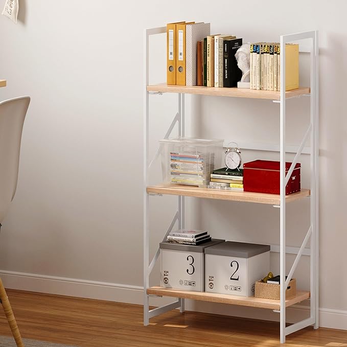 JSB 3 Tier No Assembly Folding Bookshelf, Industrial Metal Book Shelf for Storage, Vintage Wood Foldable Bookcase for Living Room, Bedroom, Office Organization Shelves