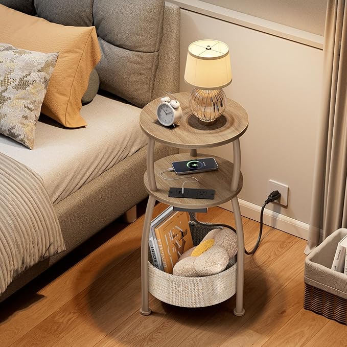 Side Table with Charging Station, Small Round End Table with Basket, USB Port and Outlet, 3 Tiers Sofa Couch Table Bedside Table for Living Room Bedroom, Small Spaces, 11.81in Light Oak