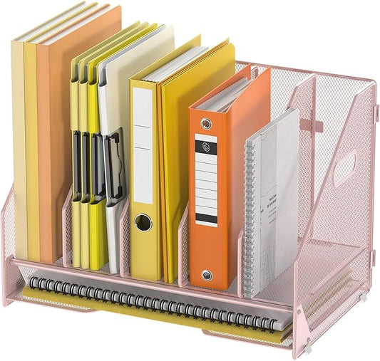Docnest Desk File Holder Sorter, 5 Vertical Compartments Rack with Letter Tray, Mesh Magazine File Holder with Handle,Workspace Organizers,Desk Organizers for Paper, Mail, Documents-Pink