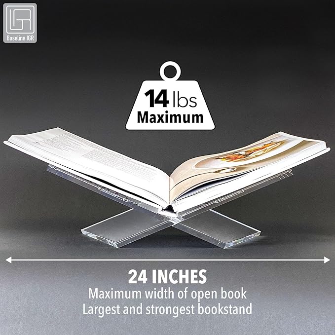 Large Clear Acrylic Book Stand, 12.5" x 9.5" x 5.5”, Acrylic Book Holder, Open Bookstand for Display and Reading Cookbooks, Art Books, Bibles, Magazines - Home and Office