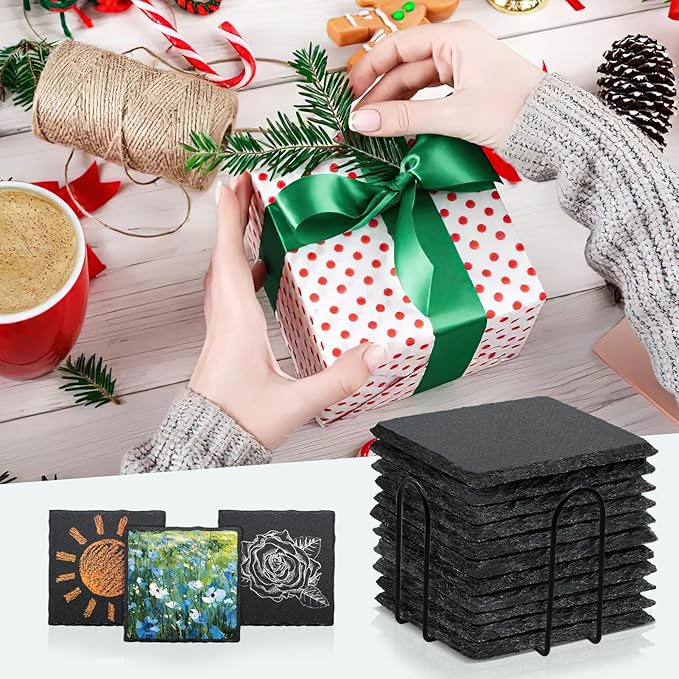 68 PCS Square Slate Drink Coasters Set, SIJDIEE 4 Inch Laser Engraving Black Slate Stone Coasters with Anti-Scratch Bottom and Coaster Holder for Office Bar Kitchen Home Dinner Table Decor Supplies
