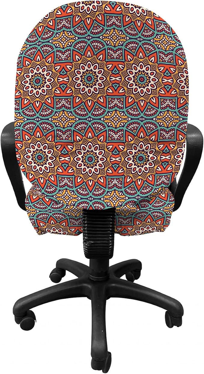 Ambesonne Mandala Office Chair Slipcover, Nature Inspired Floral Abstraction in Retro Colors Ornamental Petals, Protective Stretch Decorative Fabric Cover, Standard Size, Turquoise Orange