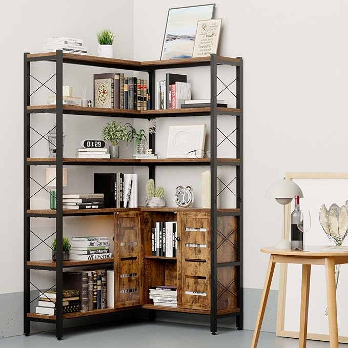 Wildhome 6-Shelf Corner Bookshelf, Vintage Industrial Corner Shelf Etagere Bookcase, Large Book Shelf with Metal Frame Open Storage Corner Cabinet (Brown-Lockers)