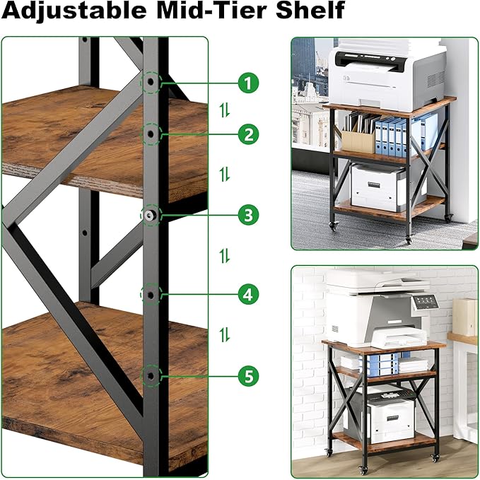3 Tier Printer Stand, Large Table with Wheels, Rolling Cart with Height Adjustable Middle Storage Shelf, 23.6 x 23.6 x 30.3 Inches Shelf for Home Office, Vintage Brown