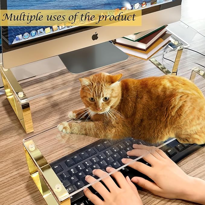 Keyboard Cat Protector - 20" Large Monitor Stand 2 in 1 Clear Acrylic Keyboard Cover Long Acrylic Monitor Stand Keyboard Protective Cover