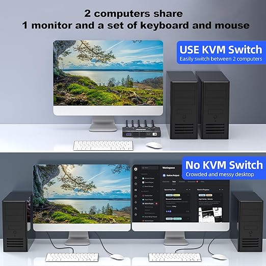 8K@60Hz HDMI KVM Switch 1 Monitors 2 Computers 4K@144Hz KVM Switches with USB 3.0 Port,Wired Remote,Power Adapter and USB3.0 Cables Included(10cm 2 PC 1 Monitor 8K KVM)