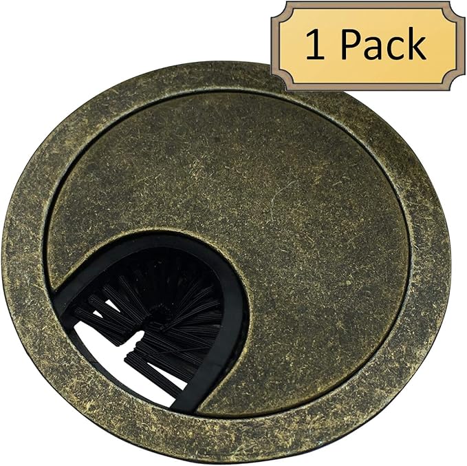 Antique Brass Metal Cable Grommet | 2 Piece "Lock in" Feature with "Brush" Opening for Management of Office & Computer Desk Wires | 60mm (2 3/8") Hole Opening | 1 Pack