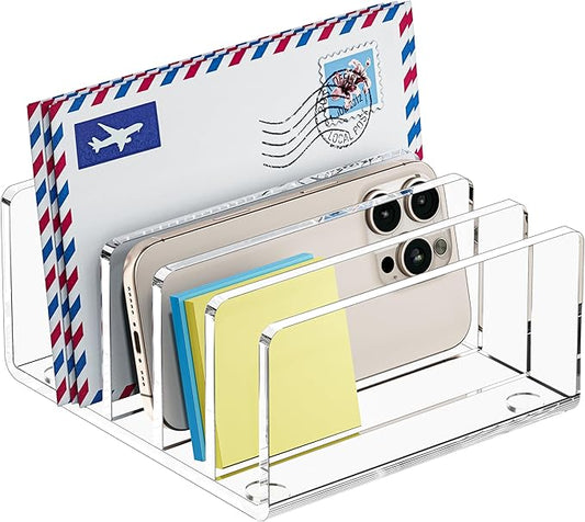 FUCDTEFC Desk Mail Organizer, 5 Section Clear Acrylic File Holder Letter Organizer, Vertical Lightweight Modern Envelope Holder Desk Accessories & Workspace Organizers for Office, Home, School