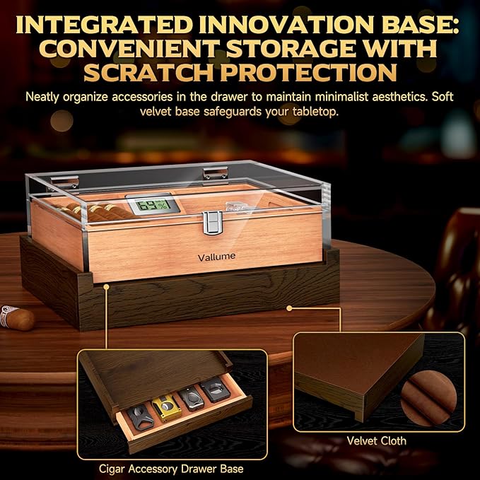 VALLUME Cigar Humidor, Acrylic Humidor with Wooden Drawer Base, Compact Desktop Humidor, Features Gel-Controlled Sliding Cigar Humidifier, Cedar Wood Tray, Ideal Gift for Men (Small size)