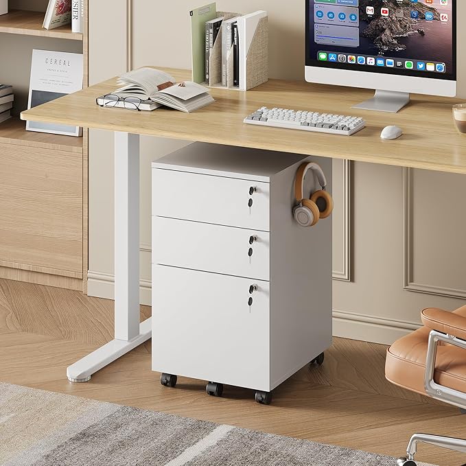 DEVAISE 3 Drawer Mobile File Cabinet with Individual Locks, Wood Filing Cabinet for Office, Under Desk Printer Stand with Wheels, Fits Letter/A4/Legal Size, White