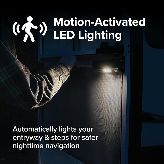 Camco Motion-Activated LED RV Screen Door Crossbar Handle - Features Motion Activated LED Lighting & Robust Aluminum Design - Adjustable Fit Compatible w/Most RVs- (2) AAA Battery (not incl.) (42330)