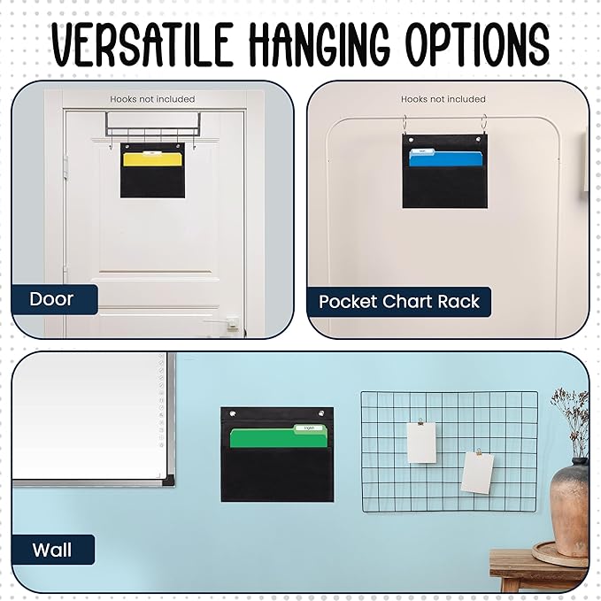 Essex Wares - 1 Pocket File Pocket Chart, Black - Versatile Wall Hanging File Folder Organizer for Classroom, Office, Home, and More - Wall Folder Organizer - Single Pocket