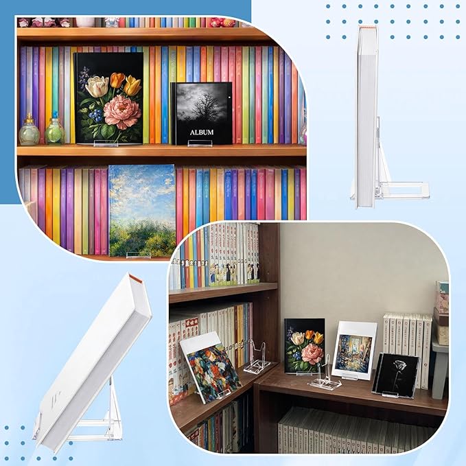 Hushee 5 Pack Acrylic Book Stand for Display Adjustable Clear Book Display Holder Easel Rack Stand for Home Office Back to School Library Bookshelf Comic Album CD Magazine Postcard Artworks