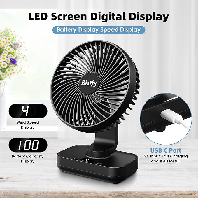 Desk Fan 5.5'' Small Fan Ultra-Silent, 120° Oscillating, 90° Adjustable Head Tilt, with Digital Display 4 Speed Portable USB Rechargeable Table Fan Ideal for Home, Bedroom, Office (Black)
