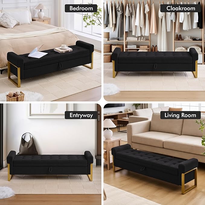 67" End of Bed Storage Bench King Size, Bench for Bedroom Foot of Bed, Upholstered Teddy Storage Ottoman with Gold Legs for Window Living Room, Teddy Black