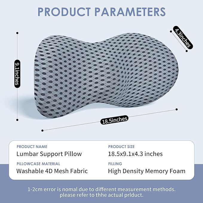 kasney Lumbar Support Pillow, Back Pillow for Low Back Pain Relief, Ergonomic Streamline Car Seat, Office Chair, Recliner and Bed (Gray)