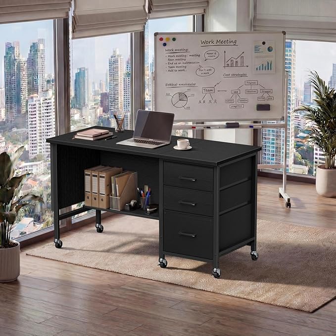 Rolling Teacher Desk with File Drawer & Privacy Panel, 47" Mobile Computer Desk with 3 Storage Drawers on Wheels, Modern Office Desks with File Cabinet for Classroom & Home Office, Black