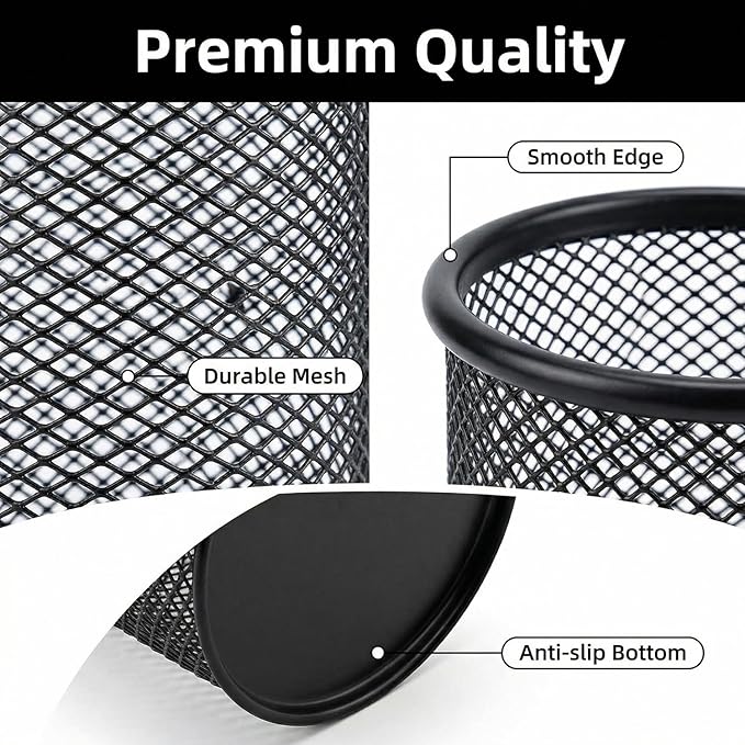 Pen Holder Pencil Holder Mesh Metal Pen Cup Holder Pencil Cup Holder for Desk Office Home Pen Organizer Black, 6 Pack