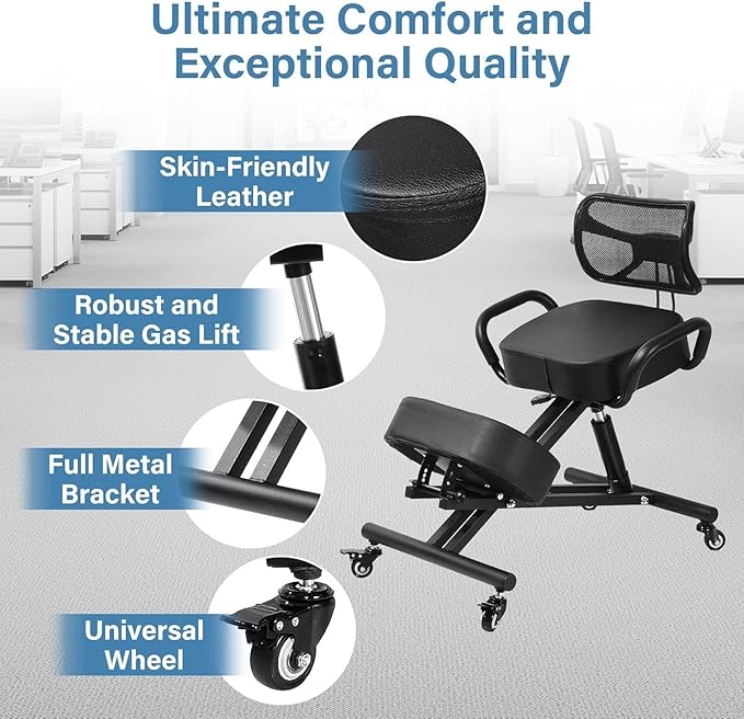 Ergonomic Kneeling Chair with Back Support, Height Adjustable Stool for Home and Office, PU Kneeling Chair for Desk to Relieve Back Discomfort, Thick Moulded Foam Cushions Brake Casters