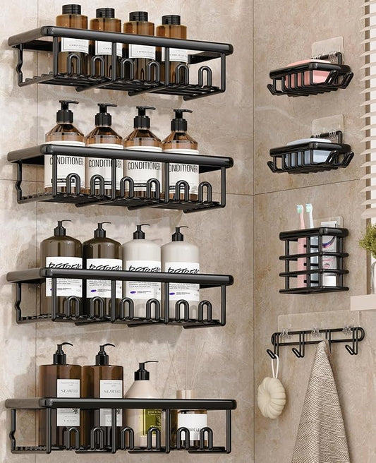 8 Pack Adhesive Rustproof Shower Shelves with Soap Dishes, Toothbrush Holder & Hooks, Large Capacity No-Drilling Shower Shelves Rack for Bathroom Organizers and Storage Accessories, Black