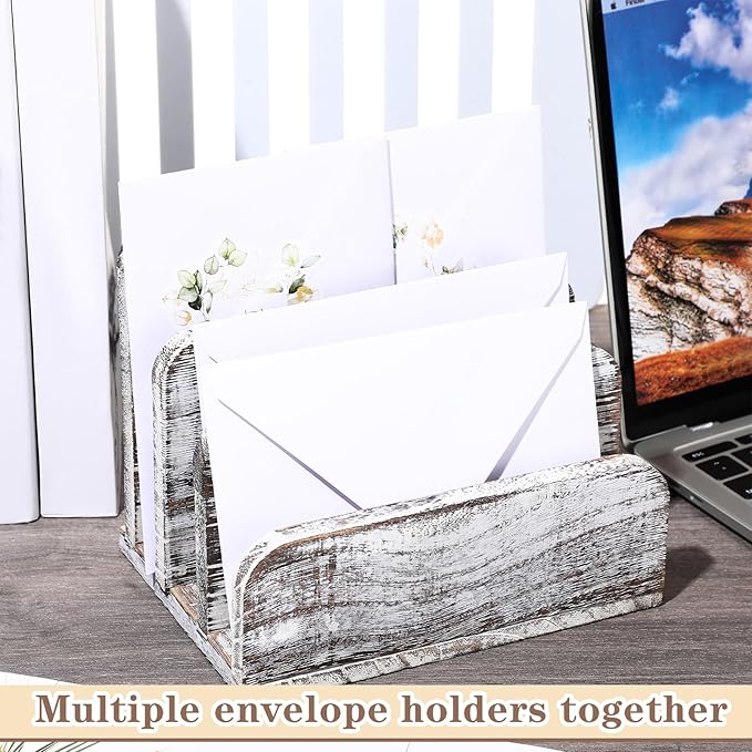 Briwooody Wooden Mail Organizer 3 Slots Mail Holder for Desk Wood File Paper Letter Holder for Letter Envelope Filing Cell Phone Document Storage, Organizer Tray for Office and Home(Old White)