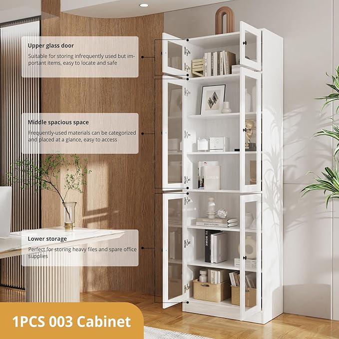 VOWNER 85.5“ H Bookcase with Doors, Wooden Bookshelves and Bookcases for Home Office, Pantry Cabinet with Doors and Shelves, 7-Tier Laundry Room Cabinets, Storage Cabinets for Dining Room (White)