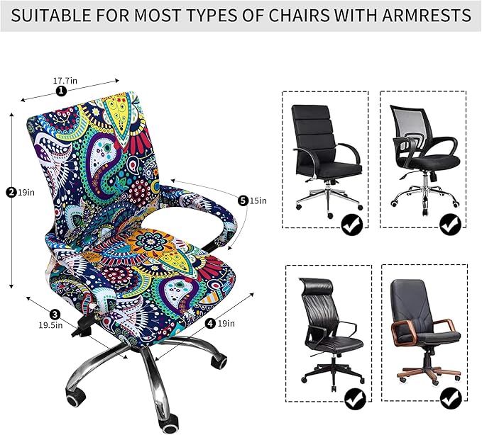 Waterproof Office Chair Cover with Armrest Cover 18Inch Wide Stretch Printed Boho Small Desk Computer Chair Covers with Long Zipper Arm Slipcovers Washable