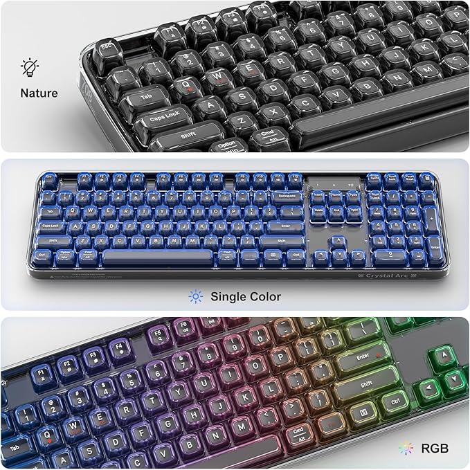 MOFII Clear Curved Ergonomic Wireless Keyboard, Tri-Mode Bluetooth5.0/2.4G/USB-C RGB Backlit Keyboard Rechargeable, Full-Size Computer Keyboards for Laptop/PC/Desktop/iPad/Smartphone/Smart TV, Black