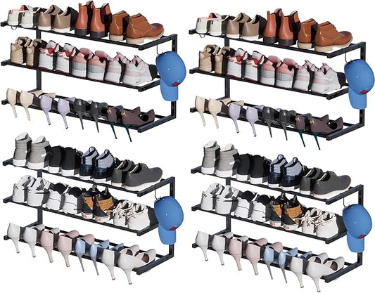 4 Pack Wall Mounted Shoe Rack, 3 Tier Hanging Shoe Rack Holds 48 Pairs, 17"-30"Adjustable Heavy Duty Metal Shoe Organizer Holder with 8 Storage Hooks, Space Saving for Closet Entryway Doorway（Black)